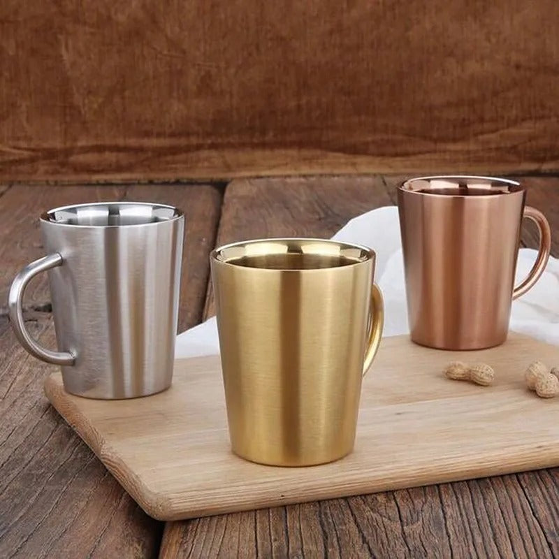 Three Steel Camping Mugs in Silver, Gold and Copper Brown